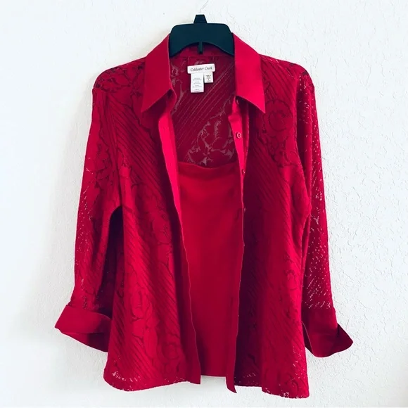 Coldwater Creek Red Lace 2 Piece Button Down Blouse 
Size Large - Picture 6 of 8
